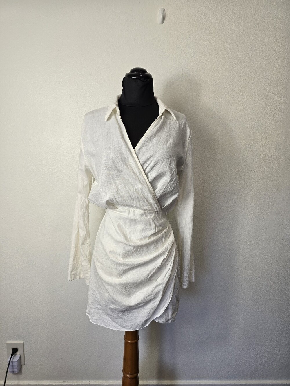 White Wrap Mini Dress with Ruched Skirt
